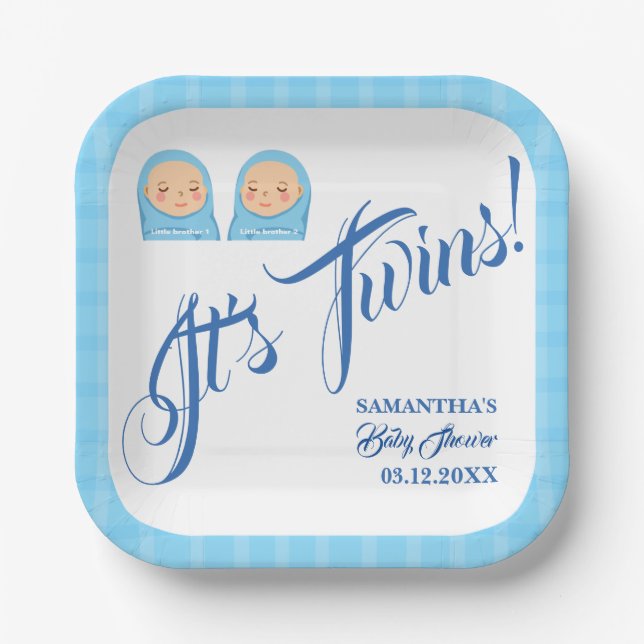 Plato De Papel Los gemelos Fiesta Baby Shower Blue. (Anverso)