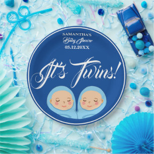Plato De Papel Los gemelos Fiesta Baby Shower Blue.