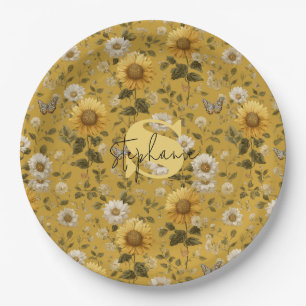 Plato De Papel Los girasoles y las mariposas en fondo amarillo 1