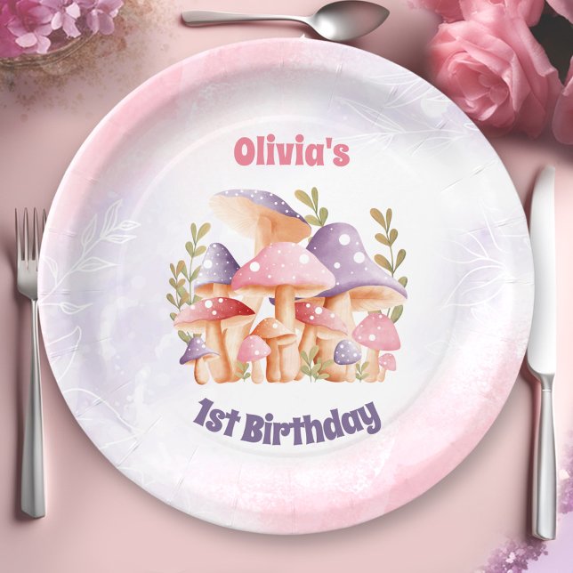 Plato De Papel Los hongos morados rosados caen el primer cumpleañ (Pink Purple Mushrooms Fall 1st Birthday Paper Plates)
