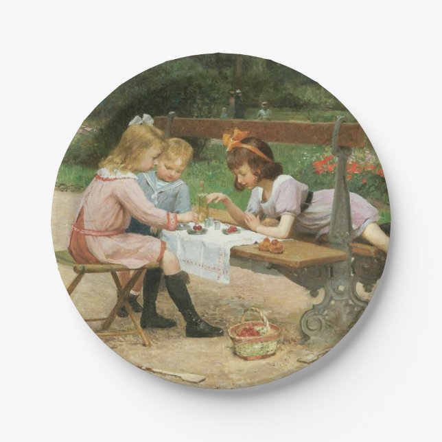 Plato De Papel Los niños disfrutan del té de la tarde en el parqu (Anverso)
