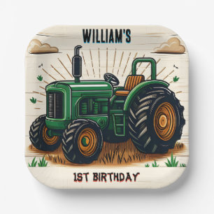 Plato De Papel Los niños retro chico genial tractor primer cumple