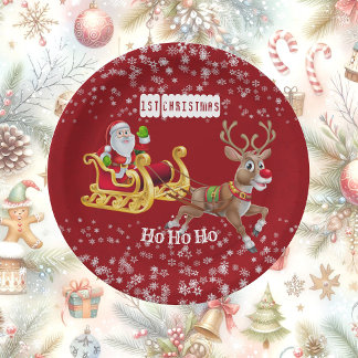 Plato De Papel Los primeros Navidades de Santa Reindeer Sleigh Ho