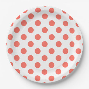 Plato De Papel Los puntos de la polka de coral vivos en blanco