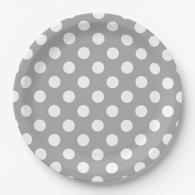 Plato De Papel Los puntos de polka blanco sobre gris (Anverso)