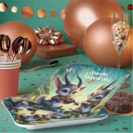 Plato De Papel Los salvajes saolas juegan violas en un bosque mág