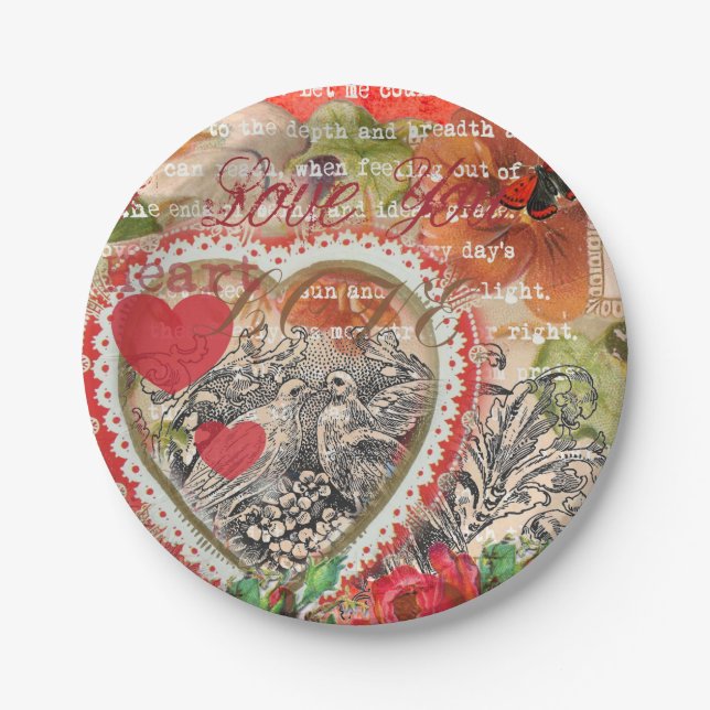 Plato De Papel Love Birds Heart Red Art Collage (Anverso)