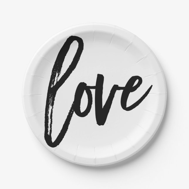 Plato De Papel LOVE Black White Modern Typography Wedding Party (Anverso)