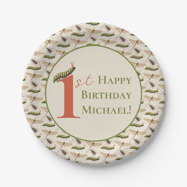 Plato De Papel Love Bug Insect Custom Name 1º cumpleaños (Anverso)