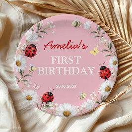 Plato De Papel Love Bug Ladybug Daisy Floral Birthday Party