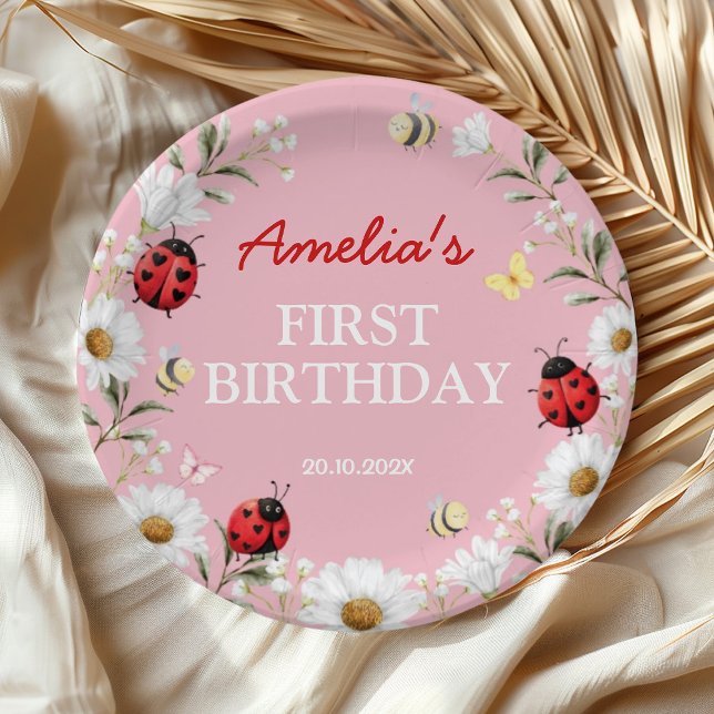 Plato De Papel Love Bug Ladybug Daisy Floral Birthday Party (Subido por el creador)