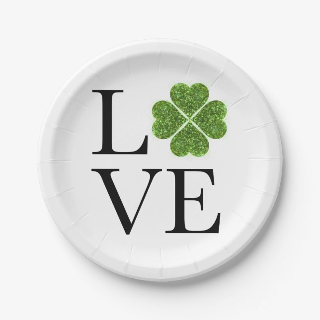 Plato De Papel LOVE green sparking clover shamrock st patrick day (Anverso)