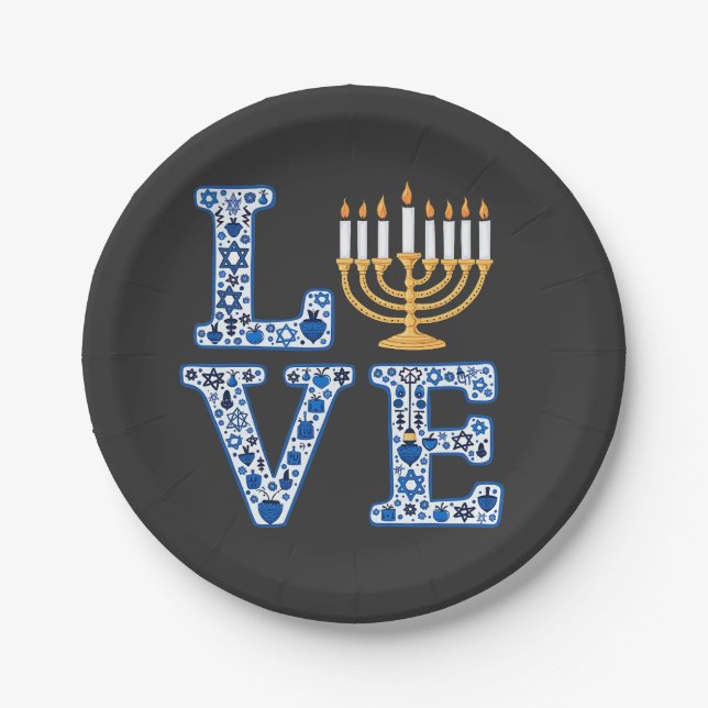 Plato De Papel Love Hanukkah Jewish Holiday Menorah (Anverso)