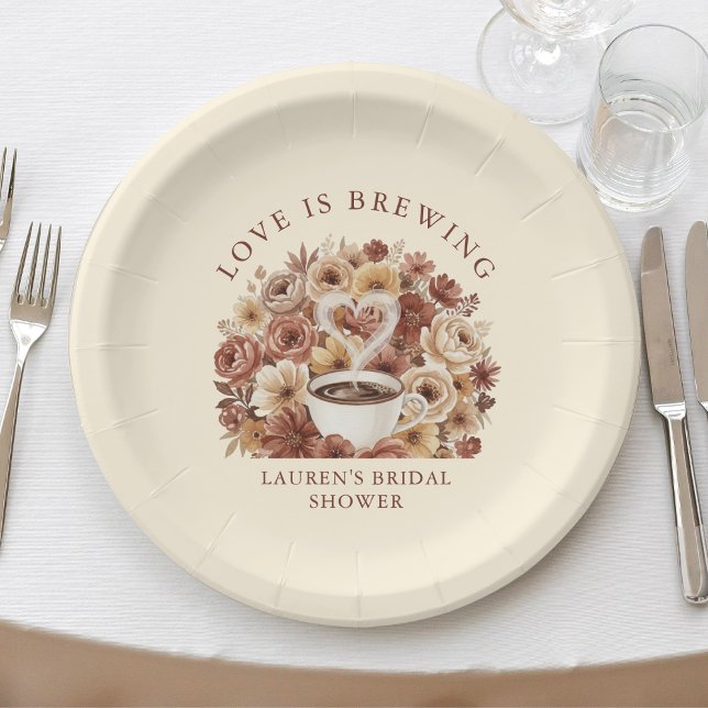 Plato De Papel Love is Brewing Brown Floral Coffee Heart Bridal (Love is Brewing Brown Floral Coffee Heart Bridal Paper Plates
)