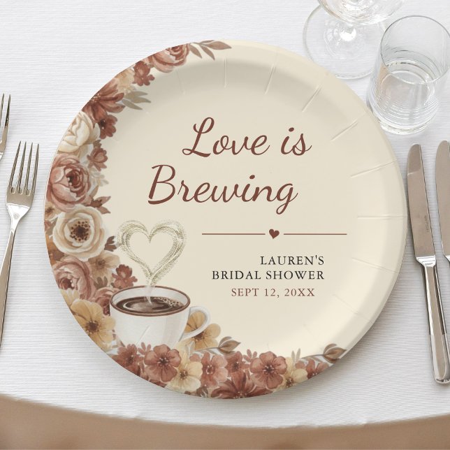 Plato De Papel Love is Brewing Floral Coffee Heart Bridal Shower (Love is Brewing Floral Coffee Heart Bridal Shower Paper Plates
)