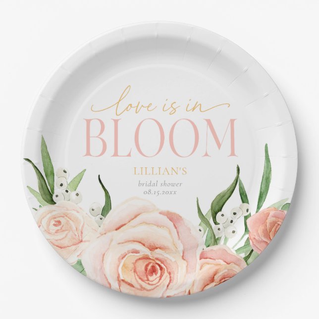 Plato De Papel Love Is In Bloom Pink Rose Flowers Bridal Shower  (Anverso)