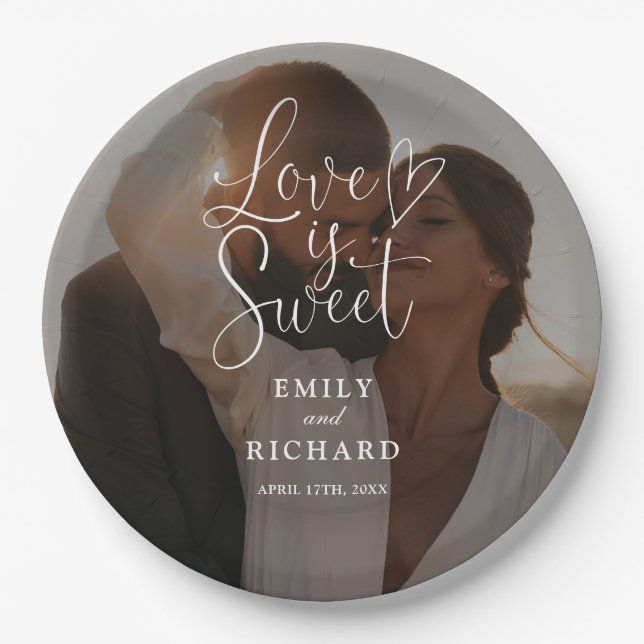 Plato De Papel Love Is Sweet Elegant Modern Wedding Photo (Anverso)