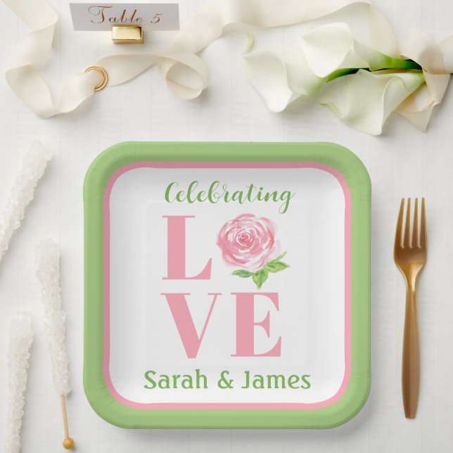 Plato De Papel LOVE Watercolor Rose NAME Bridal Green (Boda)
