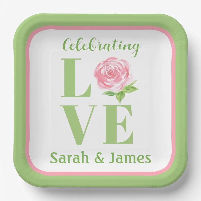 Plato De Papel LOVE Watercolor Rose NAME Bridal Green Pink (Anverso)