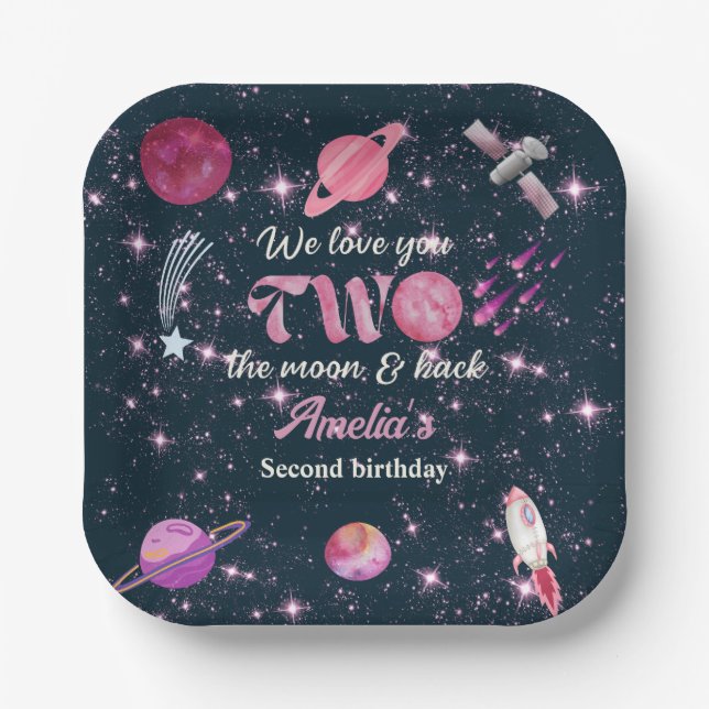 Plato De Papel Love You Two The Moon Girls Pink 2nd Birthday (Anverso)