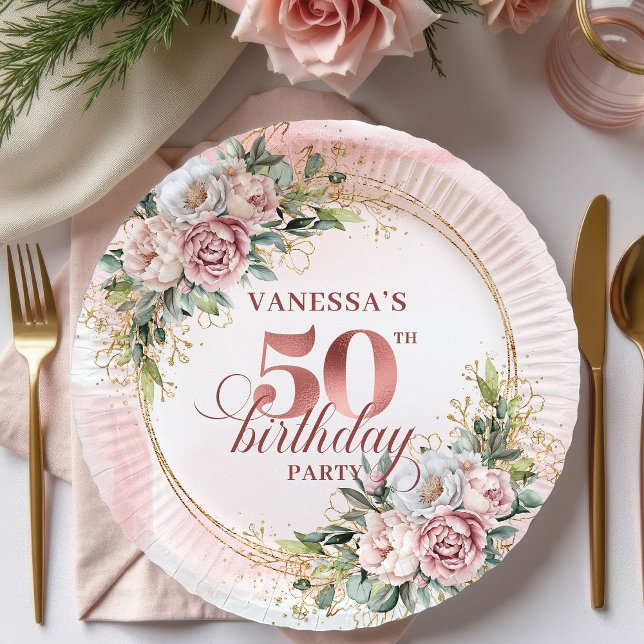Plato De Papel Lovely Rose Gold White Peonies 50th Birthday Party (Lovely Rose Gold White Peonies 50th Birthday Celebration Plates

)