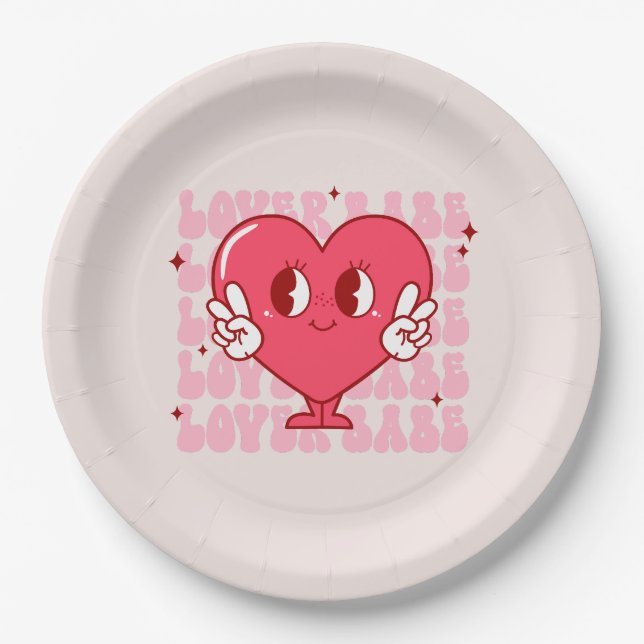 Plato De Papel Lover Babe | Corazón sonriente y texto repetido (Anverso)