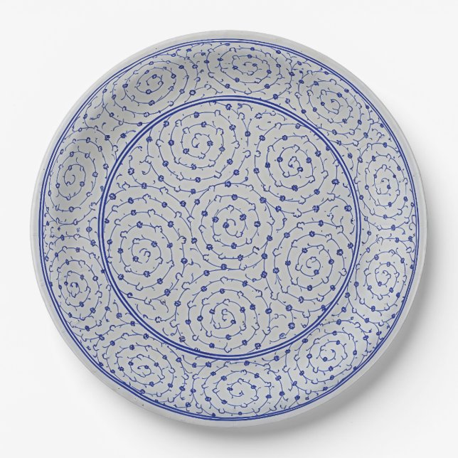 Plato De Papel Loza China en espiral azul y blanco con Chinoiseri (Anverso)