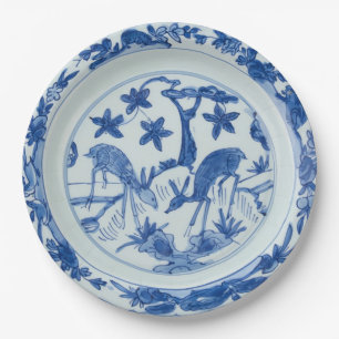 Plato De Papel Loza Falsa de Ciervos Chinoiserie Azul y Blanco