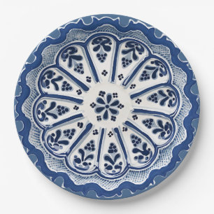 Plato De Papel Loza Falsa Floral Mediterránea Azul y Blanco