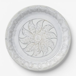 Plato De Papel Loza Falsa Floral y Abanico de Vidrio Claro Vintag