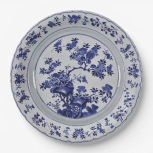 Plato De Papel Loza Floral Chinoiserie Azul y Blanco Falsa China