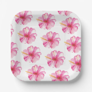 Plato De Papel Luau Fiesta Pink Hibiscus Flores Placas de papel