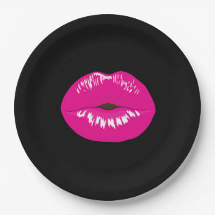 Plato De Papel Luces brillantes rosadas calientes en negro