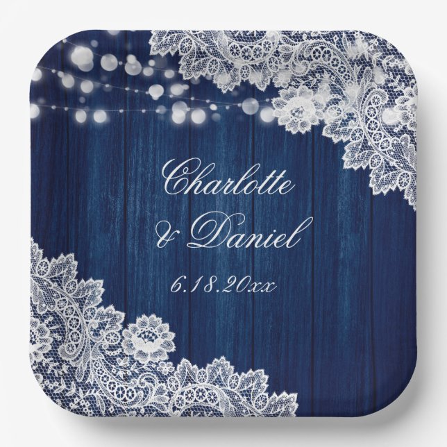 Plato De Papel Luces de Cadena de Encaje Floral de Madera Azul Ma (Anverso)