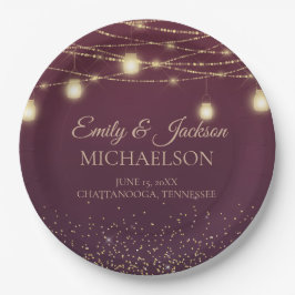 Plato De Papel Luces de Cadena Elegantes de Color Burgundy con Br