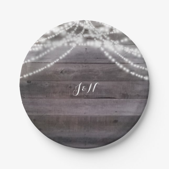 Plato De Papel Luces de cuerda blanca y madera rústica (Anverso)