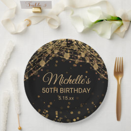 Plato De Papel Luces de Cuerda de Oro Negro Cumpleaños Adulto