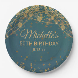 Plato De Papel Luces de Cuerda Doradas Teal Cumpleaños Adulto