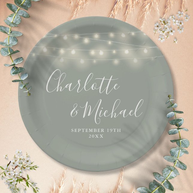 Plato De Papel Luces de Cuerda Firma Script Verde Salvia Boda (String Lights Signature Script Sage Green Wedding Paper Plates)