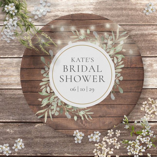 Plato De Papel Luces de Cuerda Rústicas Bridal Shower con Vegetac (Rustic String Lights Greenery Bridal Shower Paper Plates)