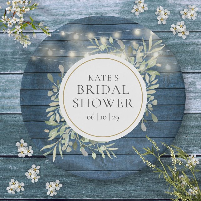 Plato De Papel Luces de Cuerda Rústicas Despedida de Soltera con  (Rustic String Lights Greenery Bridal Shower Paper Plates)