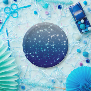 Plato De Papel Luces de Navidad Estrellas Cielo Azul