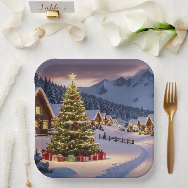 Plato De Papel Luces de Navidad paisaje con nieve (Boda)