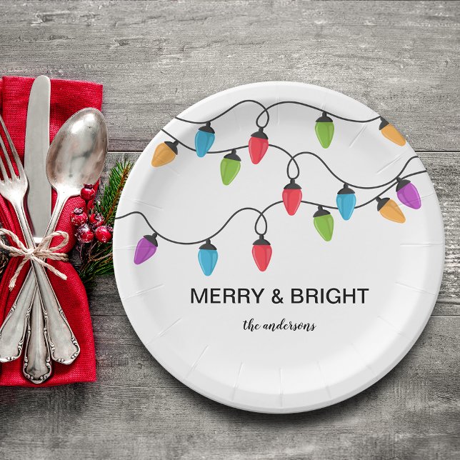Plato De Papel Luces de Navidad personalizadas festivas (Festive Christmas String Lights Personalized Paper Plates)