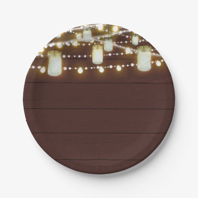 Plato De Papel Luces Marrones de Madera y Cuerdas Fiesta Rústica  (Anverso)