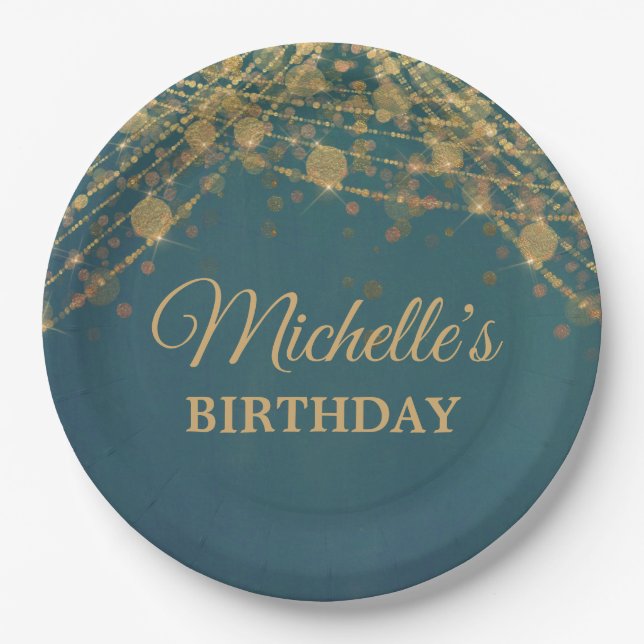 Plato De Papel Luces verde azuladas de cuerda de oro Fiesta de cu (Anverso)