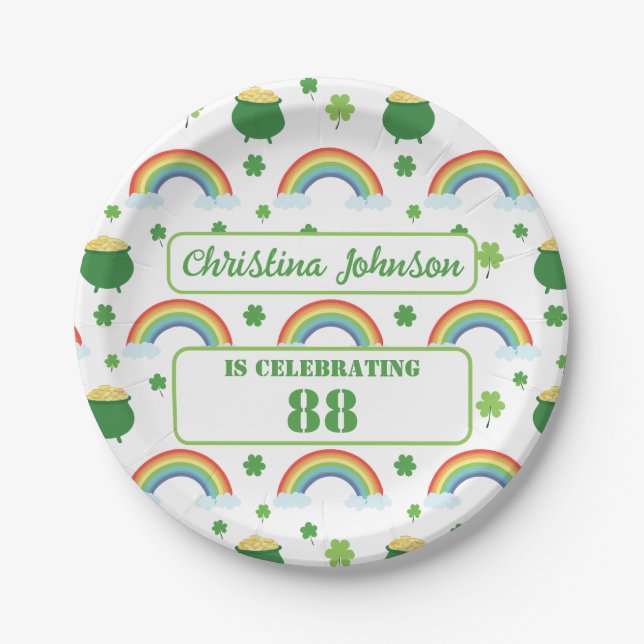 Plato De Papel Lucky Green Shamrock St Patrics Day Rainbow (Anverso)