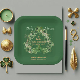 Plato De Papel Lucky Little Shamrock Green Gold Leaf Baby Shower