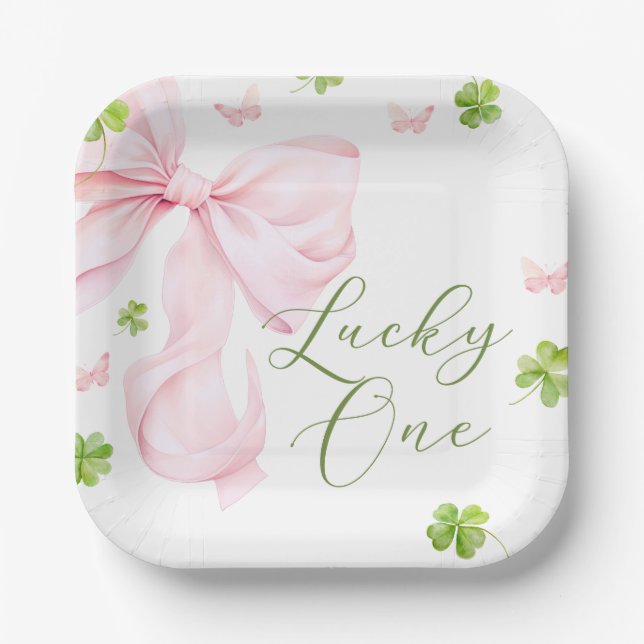 Plato De Papel Lucky One Pink Bow 1st Birthday (Anverso)