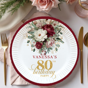 Plato De Papel Lujo Boho Borgoña Floral Dorado Papel Cumpleaños 8